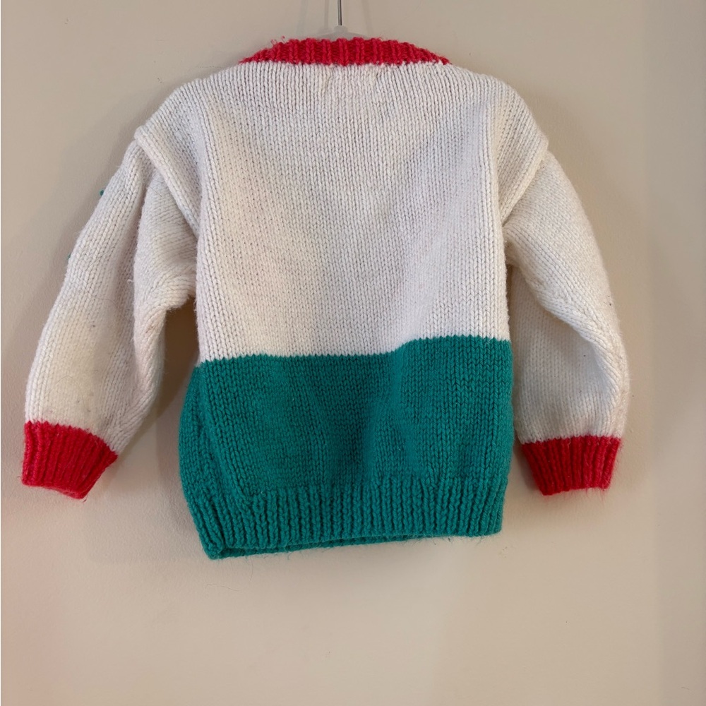 VINTAGE HAND KNIT Kids Dinosaur Sweater in Red and White Green approx 24/M 2T - Picture 5 of 7